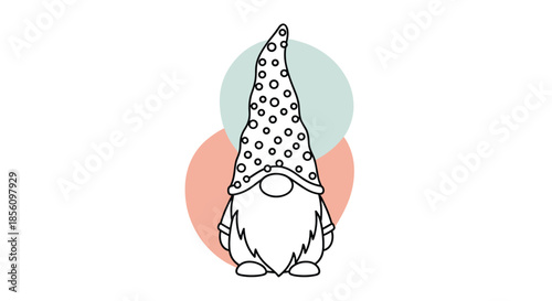 Whimsical line art illustration of a garden gnome with a tall polka dot hat and long beard set against abstract coral and teal circular shapes.