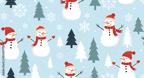 Charming seamless winter pattern featuring cute snowmen in hats and scarves among snowflakes and pine trees on a soft light blue background scenery.