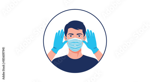 Healthcare illustration of a man wearing a blue surgical face mask and protective medical gloves for safety and pandemic prevention awareness.