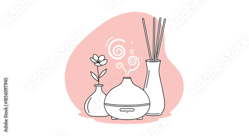 Minimalist line art illustration of an aroma diffuser with a flower vase and scent sticks on a soft pink abstract background for spa branding.