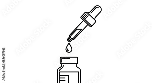 Close-up line art illustration of a medical dropper with a single drop about to fall into the neck of a small pharmaceutical bottle for health.
