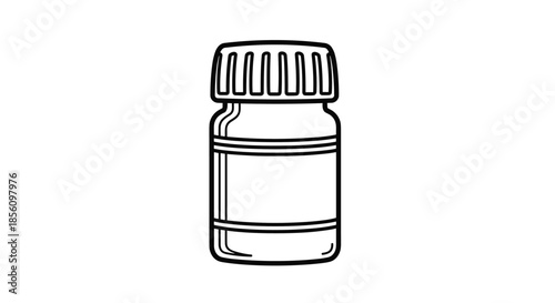 Simple line art illustration of a small medicine jar or pharmaceutical bottle with a cap and label for health and pharmacy related themes.