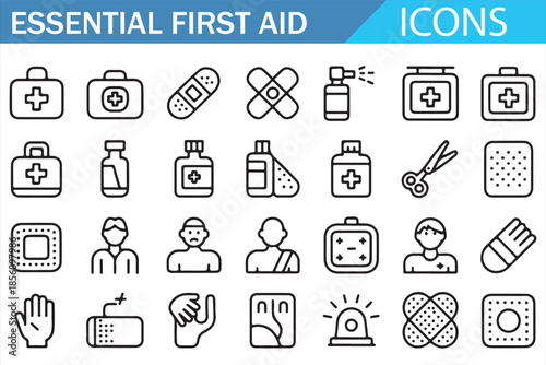 Essential First Aid Medical Icons Set in Outline Style for Emergency Healthcare Safety Treatment Rescue and Medical Support Design