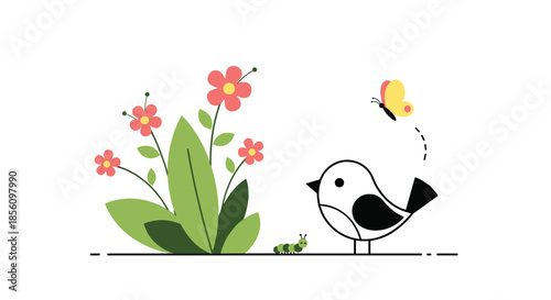 Sweet and simple illustration of a small bird looking at a tiny caterpillar while a butterfly flies over a cluster of blooming pink flowers.