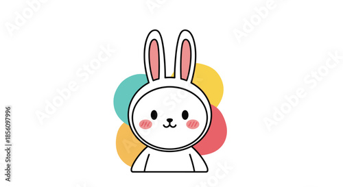 Adorable illustration of a white rabbit character with rosy pink cheeks centered on a background of bright colorful overlapping circles.