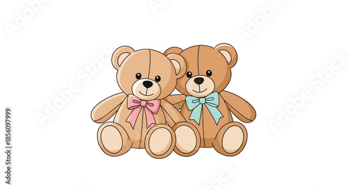 Two cute brown teddy bears sitting closely together wearing a pink and a blue bow tie on a plain white background for nursery art decorations.