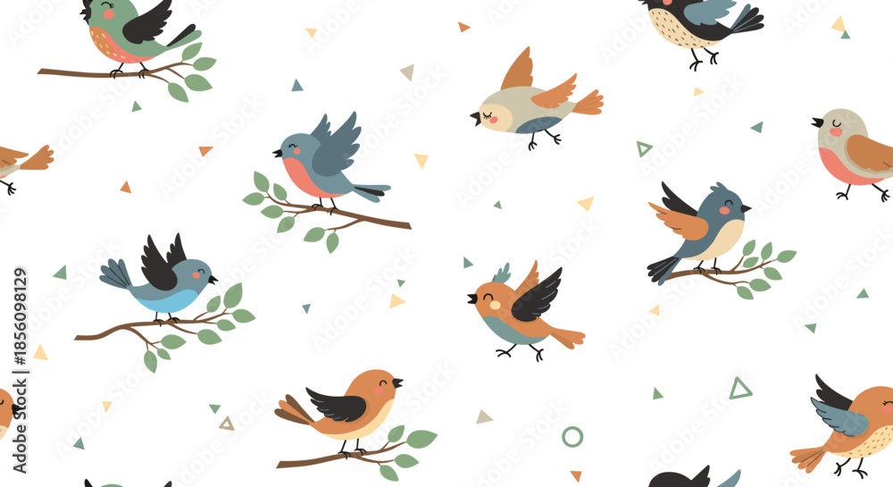Fototapeta premium Charming seamless pattern of various small birds perched on branches and flying among colorful confetti on a white background.