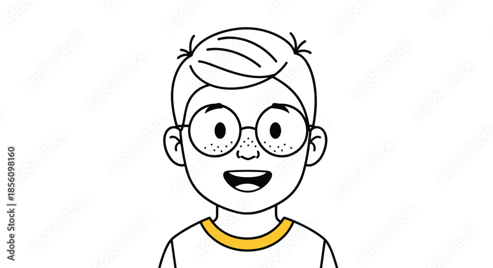 Obraz premium Cheerful line art portrait of a young boy with glasses and a happy smile, wearing a yellow-collared shirt on a white background.