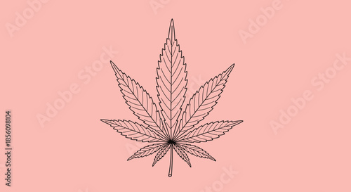 Detailed black and white line art drawing shows a single cannabis leaf with serrated edges on a soft solid pink background.