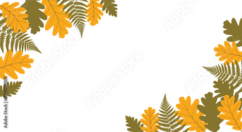 Autumn leaves and ferns border on a white background with space for text, featuring oak and fern foliage in fall colors.