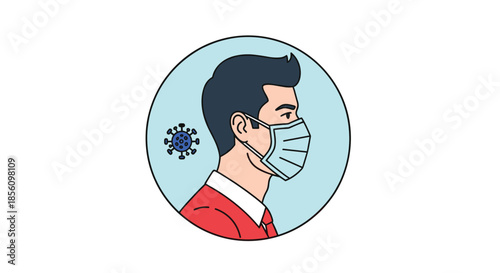 Profile portrait of a man wearing a medical face mask for protection against viruses and air pollution in a circular frame.