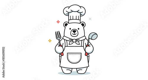Cute polar bear chef character holding a fork and a ladle while wearing a professional apron and a tall white toque.