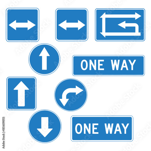 A blue One Way sign set with mandatory direction arrow signs for roads and safety, vector illustration for traffic control, navigation, urban planning, and transportation design.