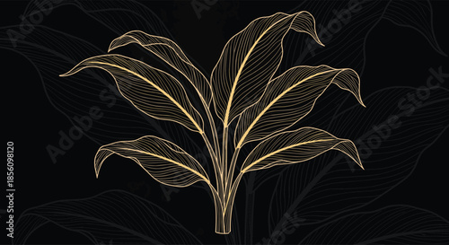 Golden palm leaves on a dark background with subtle line patterns, creating a luxurious and moody tropical foliage scene.