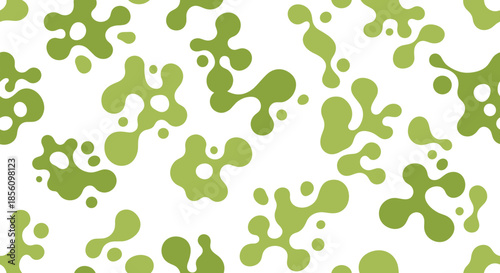 Abstract seamless pattern of green organic liquid shapes on a white background, resembling microscopic organisms or lava lamp blobs.