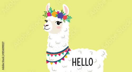 Adorable white llama wearing a colorful flower crown and festive necklaces, with a friendly hello message on a yellow background.