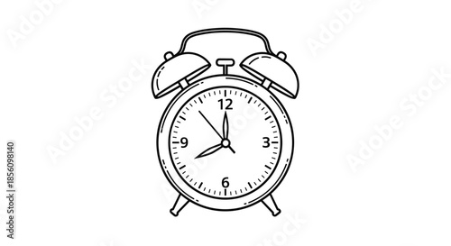Classic twin-bell alarm clock illustration in a simple line art style, showing the time at eight o'clock on a white background.