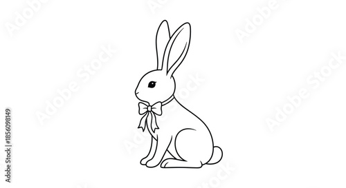 Simple line art drawing of a sitting rabbit with a bow around its neck, presented as a clean black and white animal outline.