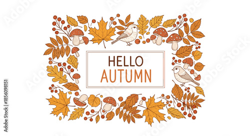 Autumn-themed frame featuring mushrooms, birds, berries, and colorful fall leaves with a central hello autumn greeting message.