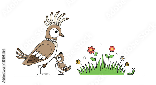 Cute illustration of a parent bird and its baby standing by a patch of grass with flowers and a small green caterpillar.