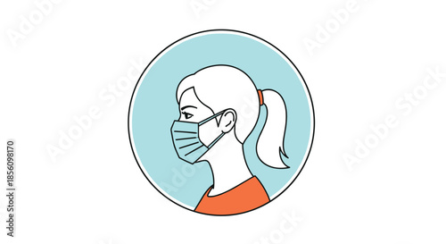 Side view profile of a young woman with a ponytail wearing a green surgical mask for protection in a light blue circular frame.