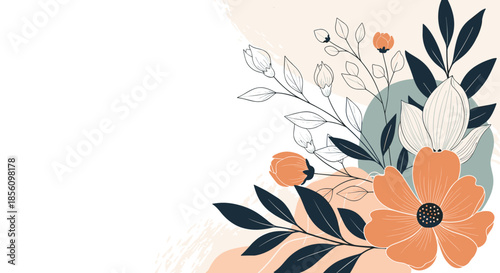 Artistic corner floral arrangement with orange flowers, dark leaves, and sketched branches on a white background with watercolor stains.