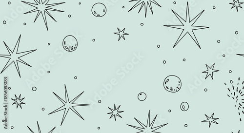 Whimsical seamless pattern of stars, planets, and moons in a simple line art style over a light blue background for nursery decor.