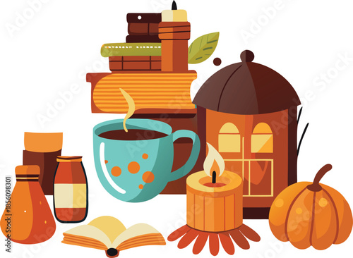 A simple flat vector illustration of pumpkins, squash, acorns, and autumn leaves. A seasonal harvest design perfect for Thanksgiving, fall decor, woodland themes, and cozy rustic backgrounds.
