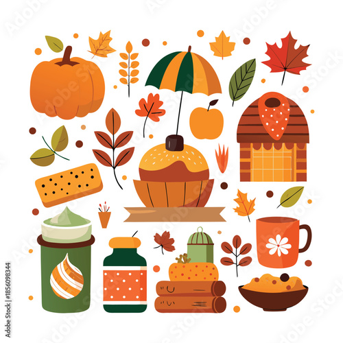 A simple flat vector illustration of pumpkins, squash, acorns, and autumn leaves. A seasonal harvest design perfect for Thanksgiving, fall decor, woodland themes, and cozy rustic backgrounds.
