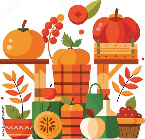 A simple flat vector illustration of pumpkins, squash, acorns, and autumn leaves. A seasonal harvest design perfect for Thanksgiving, fall decor, woodland themes, and cozy rustic backgrounds.
