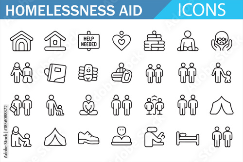 Humanitarian Aid and Homeless Shelter Icons Outline Style