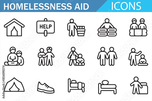 Homeless Care and Charity Support Icons for Social Services