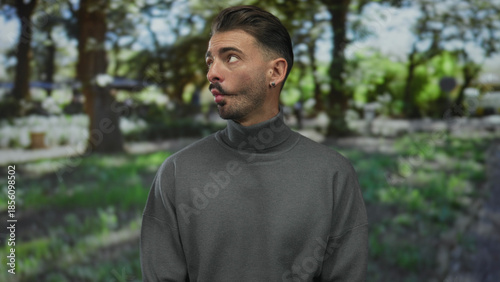 Man with pursed lips looks sideways amidst sunlit trees and green foliage casting dappled shadows in forest; curiosity.