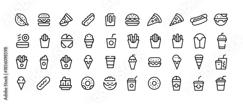 Minimal Line Fast Food and Grocery Icons Set. Black Outline Food Symbols Collection. Vector illustration eps 10