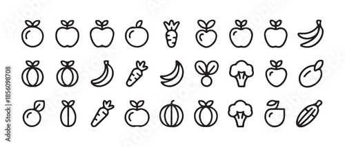 Minimal Line Fruit and Vegetable Icons Set. Black Outline Healthy Food Symbols. Vector illustration eps 10