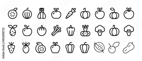 Minimal Line Fruit and Vegetable Icons Set. Black Outline Healthy Food Symbols. Vector illustration eps 10