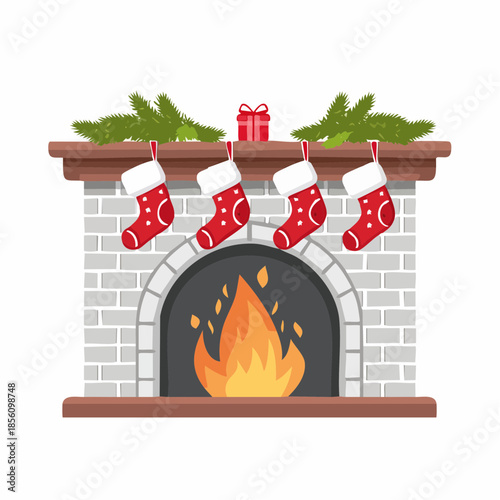 Cozy Christmas fireplace with stockings and gifts on mantle