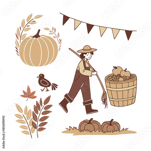 A simple flat vector illustration of pumpkins, squash, acorns, and autumn leaves. A seasonal harvest design perfect for Thanksgiving, fall decor, woodland themes, and cozy rustic backgrounds.

