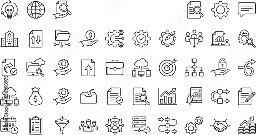 Business workflow management icon set, strategy planning symbols, finance analytics tools, corporate process elements, outline style, cad drawing flat vector illustration