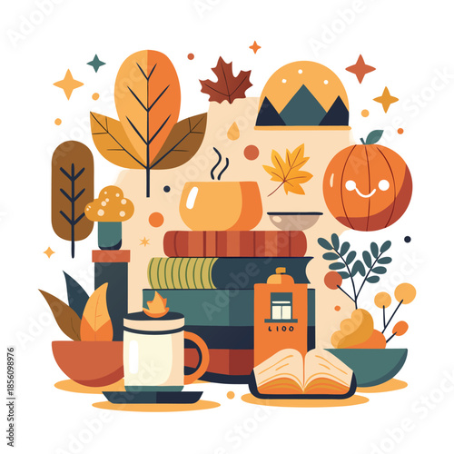 A simple flat vector illustration of pumpkins, squash, acorns, and autumn leaves. A seasonal harvest design perfect for Thanksgiving, fall decor, woodland themes, and cozy rustic backgrounds.
