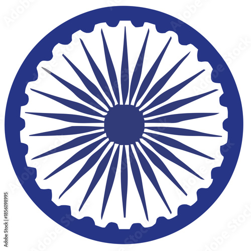 A blue Ashoka Chakra, a 24-spoke wheel, symbolizing dharma and progress, often seen on the Indian flag.