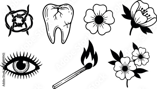 Dental health and hygiene icons with eye, flower, matchstick, and bacteria vector set 