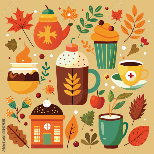 A simple flat vector illustration of pumpkins, squash, acorns, and autumn leaves. A seasonal harvest design perfect for Thanksgiving, fall decor, woodland themes, and cozy rustic backgrounds.
