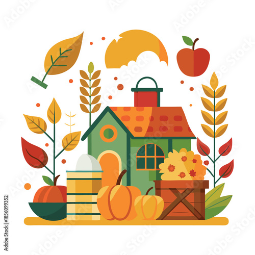 A simple flat vector illustration of pumpkins, squash, acorns, and autumn leaves. A seasonal harvest design perfect for Thanksgiving, fall decor, woodland themes, and cozy rustic backgrounds.
