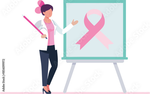 Woman presenting pink breast cancer awareness ribbon on whiteboard