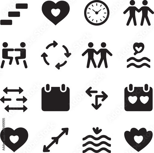 Valentine Shared Routine Line Icon Pack – Black and White Symbols of Synchronization, Daily Rhythm, and Coordinated Love, 18 Objects