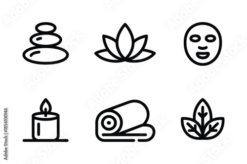 Beauty spa treatment and relaxation therapy line icons