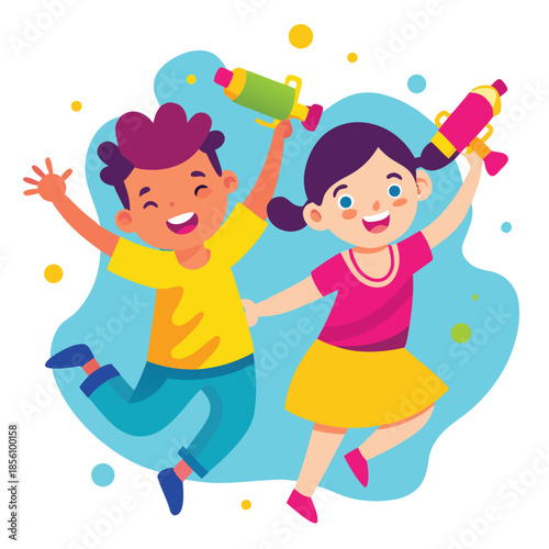 Two happy kids playing with colorful holi powder on a bright day