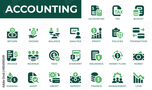 Accounting and Financial Icon Set. Vector Gradient Glyph Icons for Business, Services, Tax, Audit, and Money Management.
