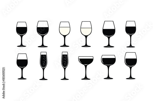 Set of Wine Glass Icons and Drinkware Silhouettes for Bar and Restaurant Menu Design
